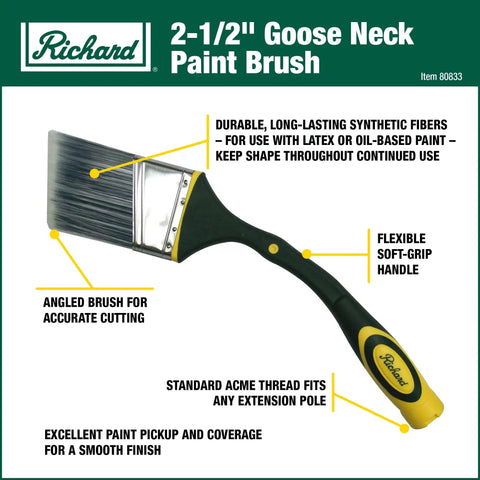 Gooseneck Angular Paint Brush With Flexible Soft Grip Handle Two And One Half Inch Extend Your Reach Fits On Any Extension Pole Angled Filaments For Precise Cut Ins Great For Latex Or Oil Based Paints Easy Paint Release shown with product details.
