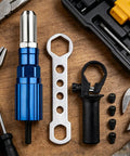 Cordless Drill Rivet Attachment Kit For Automotive Metal Aluminum Projects with tools on a wooden surface