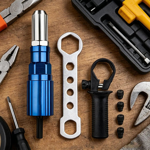 Cordless Drill Rivet Attachment Kit For Automotive Metal Aluminum Projects with tools on a wooden surface