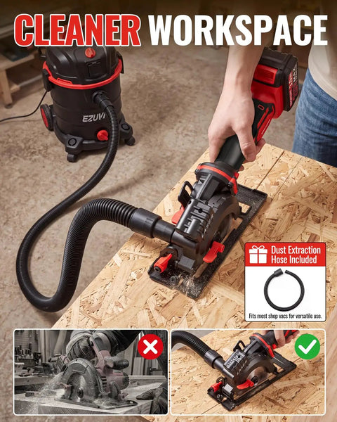 20V Cordless Mini Circular Saw Featuring Beast Mode 4500 RPM Kick And Four And One Half Inch Capacity Includes 20V 3.0Ah Battery used with dust extraction hose.