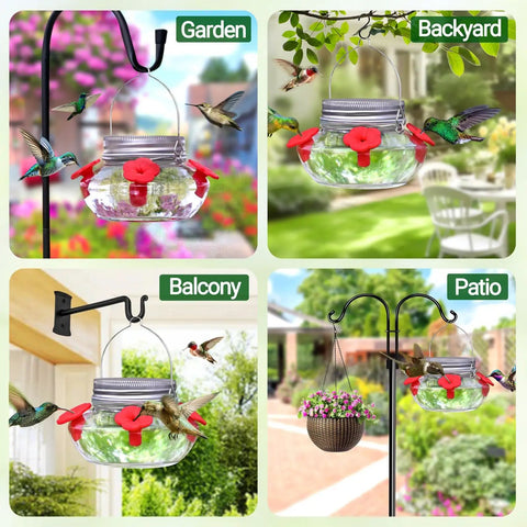 Hummingbird Feeder With Cute Mason Jar Design, Four Silicone Flower Ports, Top Fill, Leak-Proof, in garden, backyard, balcony, patio.