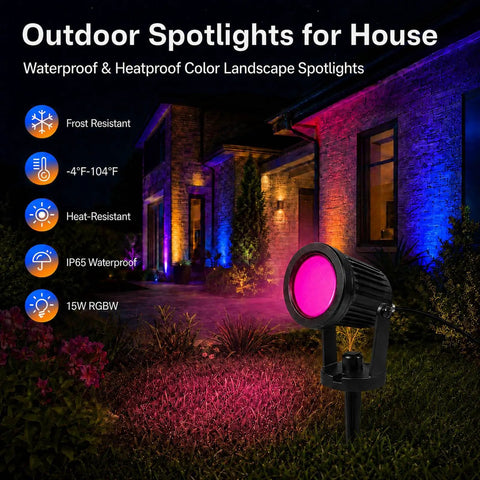 Smart RGBW LED Spotlight With Remote Control That Serves Bright Dimmable Ambiance, showcasing a pink light in a landscaped yard.
