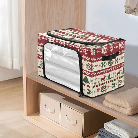 No Sweat Heavy Duty Foldable Storage Bin With Clear Front Window And Dual Zipper Openings For Effortless Seasonal Item Organization Featuring Cheerful Holiday Stripes on shelf.