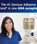Dentist promoting ADA accepted Ultra Max Hold Denture Adhesive Two Point Two Ounce Size All Day Strong Seal That Keeps Food From Getting Between Dentures And Gums And Helps Prevent Soreness For A Comfortable Confident Smile.