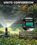 Smart Water Flow Meter With Backlit Screen And Brass Inlet And Outlet, used for sprinkler in garden, showing units conversion details.