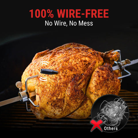 Roasted chicken with 600 Foot Range Bluetooth Wireless Meat Thermometer With Upgraded Ultra Thin Probe for rotisserie cooking.