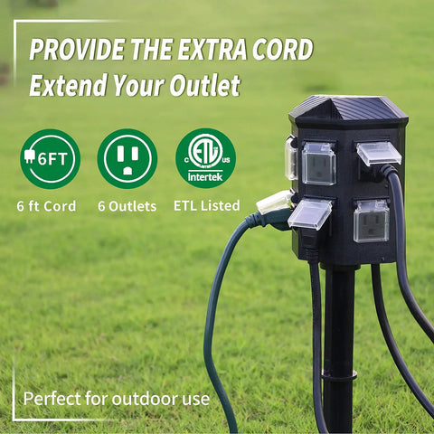 Heavy Hitter Outdoor Power Strip Timer With Dusk To Dawn Light Sensor, Waterproof Six Outlet Extension Cord on green grass.