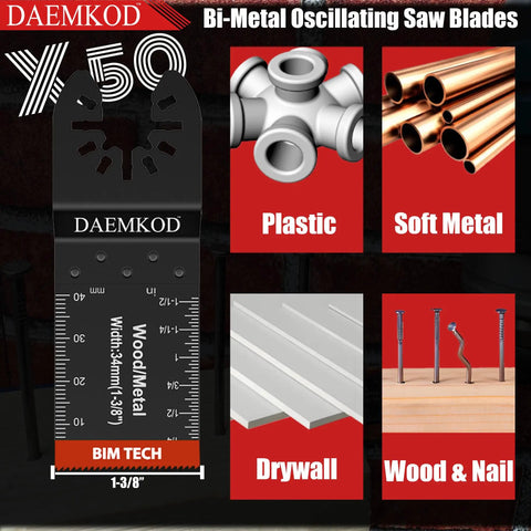 Fifty Piece Bimetal Oscillating Multi Tool Blades For Wood And Plastic Demolition Work Built Like A Tank Heavy Duty Replacement Saw Accessories with visuals of materials like plastic, soft metal, and drywall.