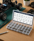 1260 Piece Small Stainless Steel Nuts And Bolts Assortment Kit with organized compartments and tools on a workspace.