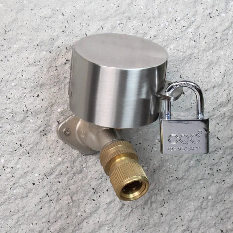 Heavy Duty Outdoor Faucet Lock Cover With Padlock For Standard Hose Bibs In Stainless Steel Water Spigot Lockout installed