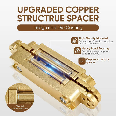 Heavy Duty Six Inch Hidden Door Hinges Two Pack Three Way Adjustable Invisible Concealed Hardware With Sleek Gold Finish, side view, showing integrated die casting and copper structure spacer.