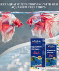 Top Shelf Aquarium Test Strips Checks Ph Ammonia Chlorine Hardness Alkalinity Nitrite Sulfate Copper Iron For Freshwater And Saltwater Fish Tank Water Clarity Kit with vibrant fish swimming in water.