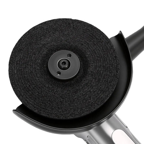 5 Inch Pneumatic Angle Grinder Featuring A Badass 11000 Rpm Motor That Knocks Out Tough Metal Cutting Grinding And Polishing Tasks Without Breaking A Sweat Today disc close-up, showing black grinding wheel.