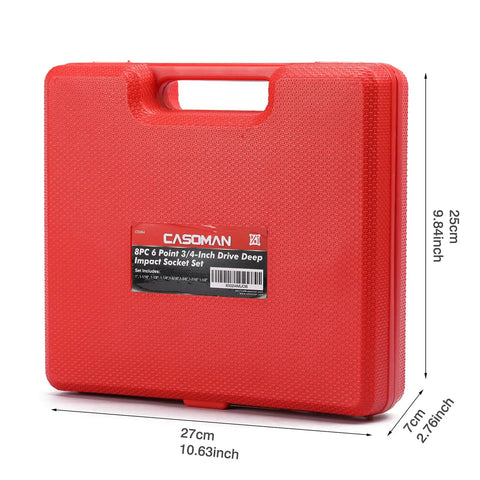Red carrying case for Eight Piece Deep Impact Socket Set With Three Quarter Inch Drive SAE From One Inch To One And A Half Inch