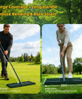 Pro Grade Lawn Leveling Rake With 70 Inch Adjustable Handle, 30 By 10 Inch Wide Head for yard care showing use by tall and short users