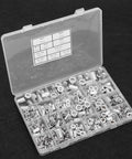 Aluminum Rivet Nut Assortment Kit, 300 Pieces, Threaded Inserts for Metal Plates and Tubes, open case showing assorted sizes