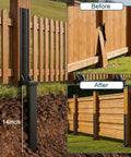 Heavy Duty H-Frame Fence Post Repair Kit showing 14 inch steel ground anchor stabilizing wooden fence panels.
