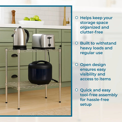 Heavy Duty Chrome Wire Shelving Rack With Two Adjustable Tiers And Rust Resistant Finish offers storage for kitchen appliances.