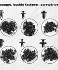 Badass 120 Piece Nylon Push Pin Retainer Clips And Fastener Removal Kit With Bumper Rivets For 6Mm 8Mm 9Mm 10Mm Car Parts Compatible With Gmc Ford Toyota Honda, various black fasteners and screwdriver.