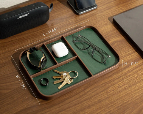 Full Grain Leather Catchall Tray Set For Nightstand And Entryway, Multi Tray Valet Organizer For Keys, Phone, Wallet, Watch, Glasses