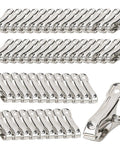 Heavy Duty Stainless Steel Garden Clips 50 Pack For Greenhouses With 2 Inch Long Grips, arranged in rows and a close-up view.