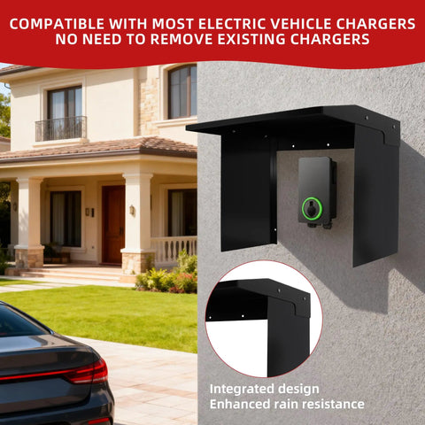 Badass Weatherproof EV Charger Cover For Tesla Wall Unit mounted on a house wall, black steel design protecting charger from rain.