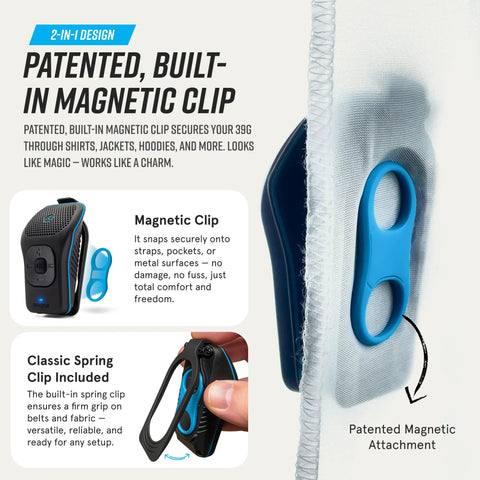 Image showing 39G Wearable Bluetooth Speaker With Magnetic Clip On Waterproof For All Weather Up To 15 Hours Of Playtime Clip On Microphone Speaker attached to fabric surface.