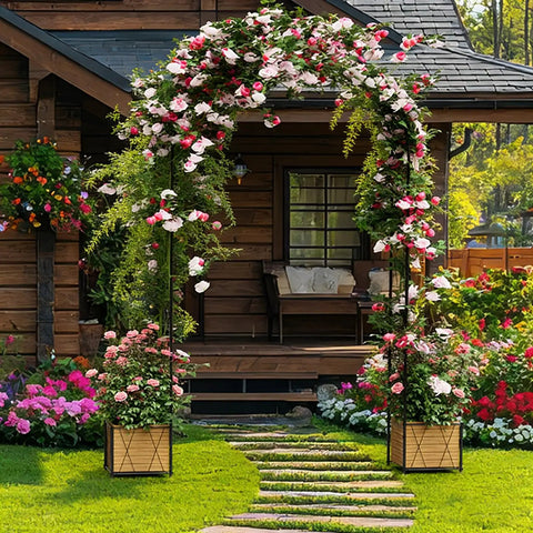 Heavy Duty Metal Garden Arch Trellis With Dual Planter Boxes For Climbing Plants In The Yard, Arched Archway For Roses Grapes Vegetables