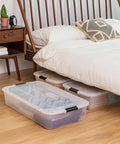 Heavy Duty 50 Quart Stackable Plastic Storage Bins With Snap Tight Secure Lids Clear Organizers For Home Office Dorm Room Garage No Sweat Bulk Pack Of Three under bed for space-saving storage.