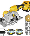 5 Inch 21V Cordless Mini Circular Saw Featuring Zero To Forty Five Degree Tilt For Sharp Miter Cuts And Rapid Edge Trimming Built Like A Tank For Pro Level Woodworking And Heavy Duty Job Site Performance with battery and blades.
