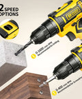 20 Volt Cordless Drill And Driver Combo Pack With Long Lasting Battery And Quick Charge Adapter Boasting Two Speed Modes Variable Trigger Lock And Twenty Five Plus One Precision Torque Adjustments Housed In Striking Yellow For Tough Jobsite Grinds And showing speed adjustment dial and usage on wood and concrete.