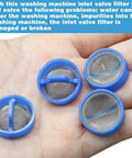 Hands holding blue and silver screen filters from the Washing Machine Water Filter Kit Inline For Inlet Valve Debris Guard With Screen Filter Hose Washer Easy Install Plug And Play To Prevent Clog Build Up And Keep Inlet Water Clean And Running Smooth.