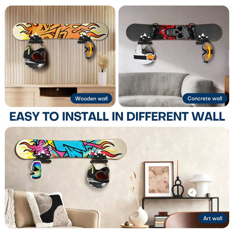 Heavy Duty Snowboard Wall Mount Set Space Saving Indoor Board Rack For Garage Or Bedroom featured on wooden, concrete, and art walls.