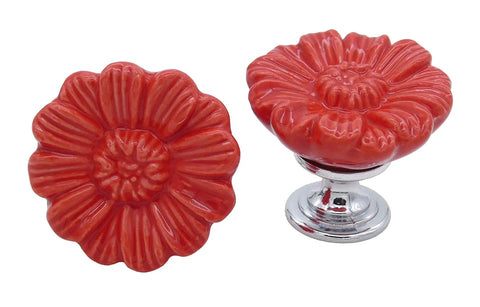 Killer Vintage Floral Daisy Ceramic Drawer Knobs For Dressers And Cabinets Six Piece Red Knob Set With Screws, 33mm diameter red ceramic daisy knobs.