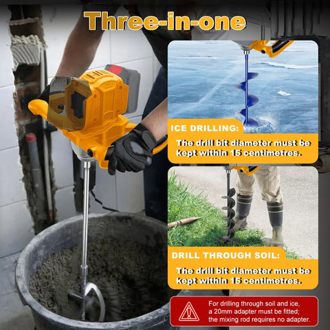 Badass Cordless Post Hole Digger Auger Bit Boosts Your Rig To 40V Power Compatible With Dewalt 20V Battery For Homeowners And Pros Heavy Duty Electric Tool For Digging Fence Holes Without Breaking A Sweat Batteries And Bits Sold Separately, showing three-in-one use for ice drilling, mixing, and soil drilling.