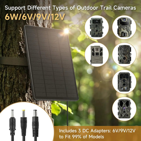 Tough 6W Solar Panel For Trail Cameras And Hunting Gear Delivers steady power mounted on a tree with adapters for 6V, 9V, and 12V outdoor systems.