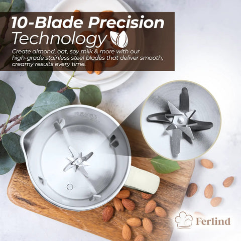 Top view of 8-In-1 Nut Milk Maker with 32 oz capacity, highlighting stainless steel blades for dairy-free almond, oat, soy milk.