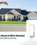 Five Pack Slide Dimmer Switch For Dimmable LED CFL Lights Up To 300W And Incandescent Or Halogen Up To 700W Works As Single Pole Or 3 Way Wall Plate Included ETL Listed White in front of a suburban house.