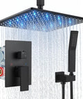 Top Shelf Ceiling Shower Faucet Set Featuring Handheld Sprayer And 12 Inch Led Rainfall Head with blue lights and matte black finish.