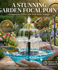 Solar Powered Hanging Bird Bath Fountain With Cascading Water Feature For Gardens And Patios, Easy Setup Outdoor Bird Bath For Birds, Decorative Flowing Water Yard Vibes, No Wires Sun Powered Pump installed in a garden with birds.