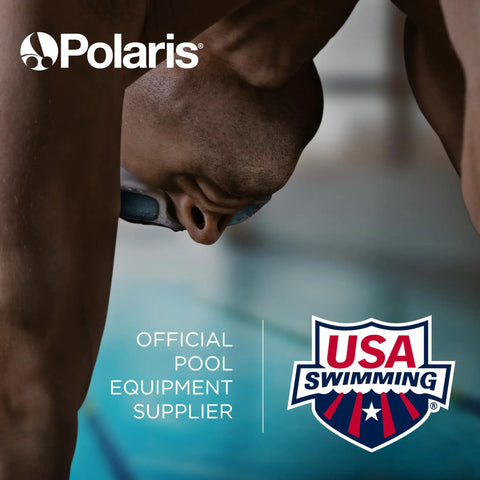 Close-up of a swimmer and USA Swimming logo, official supplier text, Polaris branding visible with pool backdrop
