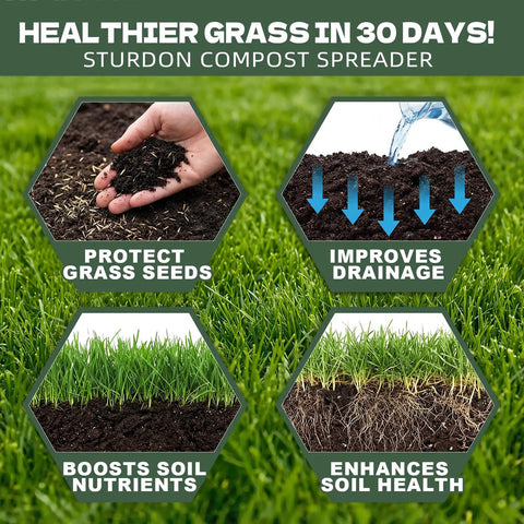 Image showing benefits of compost spreader for peat moss: protects seeds, improves drainage, boosts soil nutrients, enhances soil health.