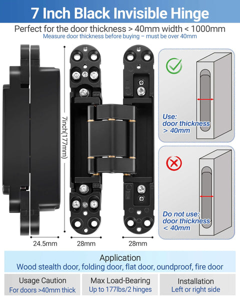 Heavy Duty Invisible Door Hinges Two Pack Slick Concealed Hardware With Rock Solid Copper Mount Smooth Swing and Dead Simple Setup For A Clean Modern Home Refresh, 7 inch black hinge for doors > 40mm thick.