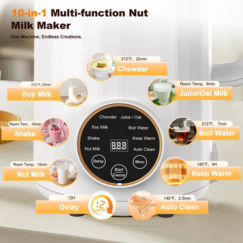 10 In 1 Plant Based Milk Maker All In One Kitchen Boss With 34 Oz Capacity 304 Stainless Steel With 12 Blades For Homemade Almond Oat Soy Coconut And Cashew Milks Fresh Dairy Free Milk And Beverage Maker For Smoothies Breakfast And More displaying control panel and presets
