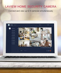 Laptop displaying security feeds from Laview home security camera system for monitoring up to 9 cameras simultaneously.