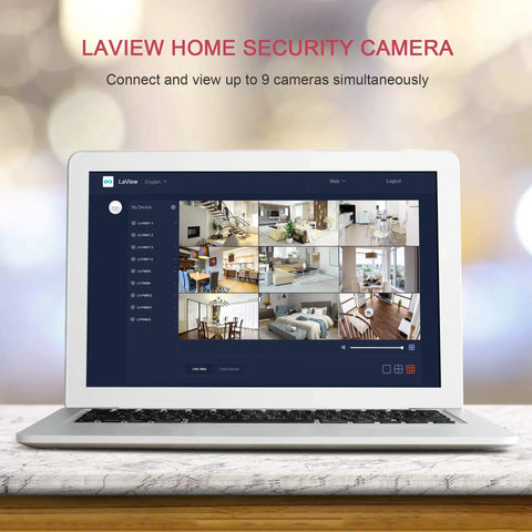 Laptop displaying security feeds from Laview home security camera system for monitoring up to 9 cameras simultaneously.