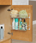 Slick Two Tier Wall Rack For Cabinet Doors And Walls, Heavy Duty Epoxy Coated Steel Storage Shelf In Crisp White installed in cabinet.