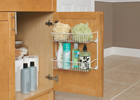 Slick Two Tier Wall Rack For Cabinet Doors And Walls, Heavy Duty Epoxy Coated Steel Storage Shelf In Crisp White installed in cabinet.