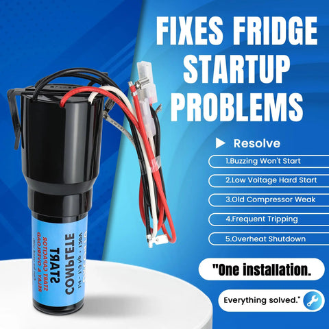 Urco410 3 In 1 Hard Start Kit For Fridges And Freezers Featuring Relay Overload And Capacitor Combo to fix startup issues.