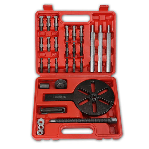 Bearing Puller Kit With Inner Hole Three-Jaw Puller Curved Hook And Quick Change Collets displayed in red case with tools